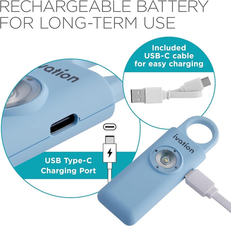 Ivation Personal Rechargeable SOS Alarm, Pocket Size Loud 130dB Sound Safety Siren & LED Panic Strobe Light with Carabiner Keychain Clip for Women, Children & Seniors, Blue - Image 2